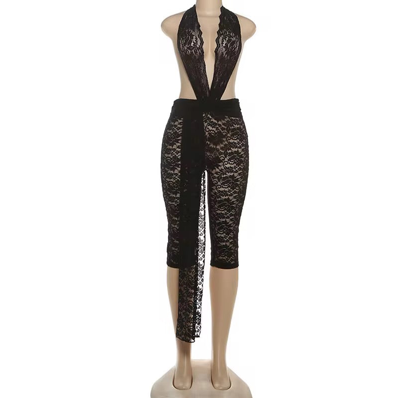 Lace Neck  Backless Ribbon Jumpsuit