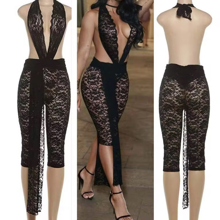 Lace Neck  Backless Ribbon Jumpsuit