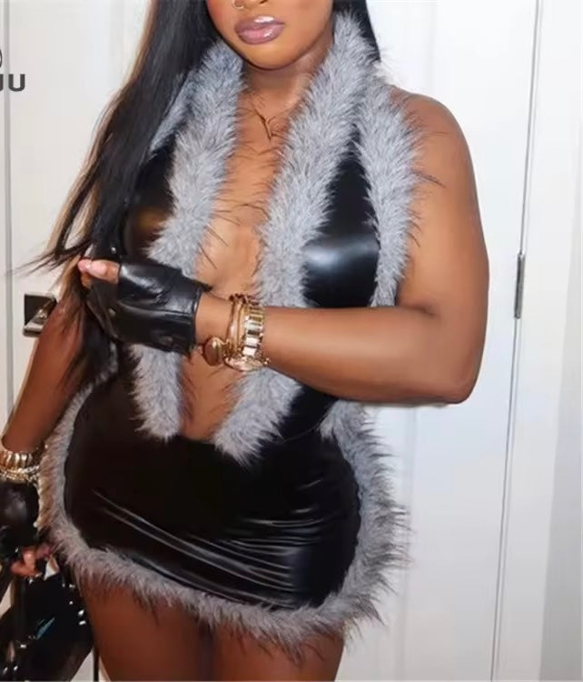 Leather Fur Mini Dresses